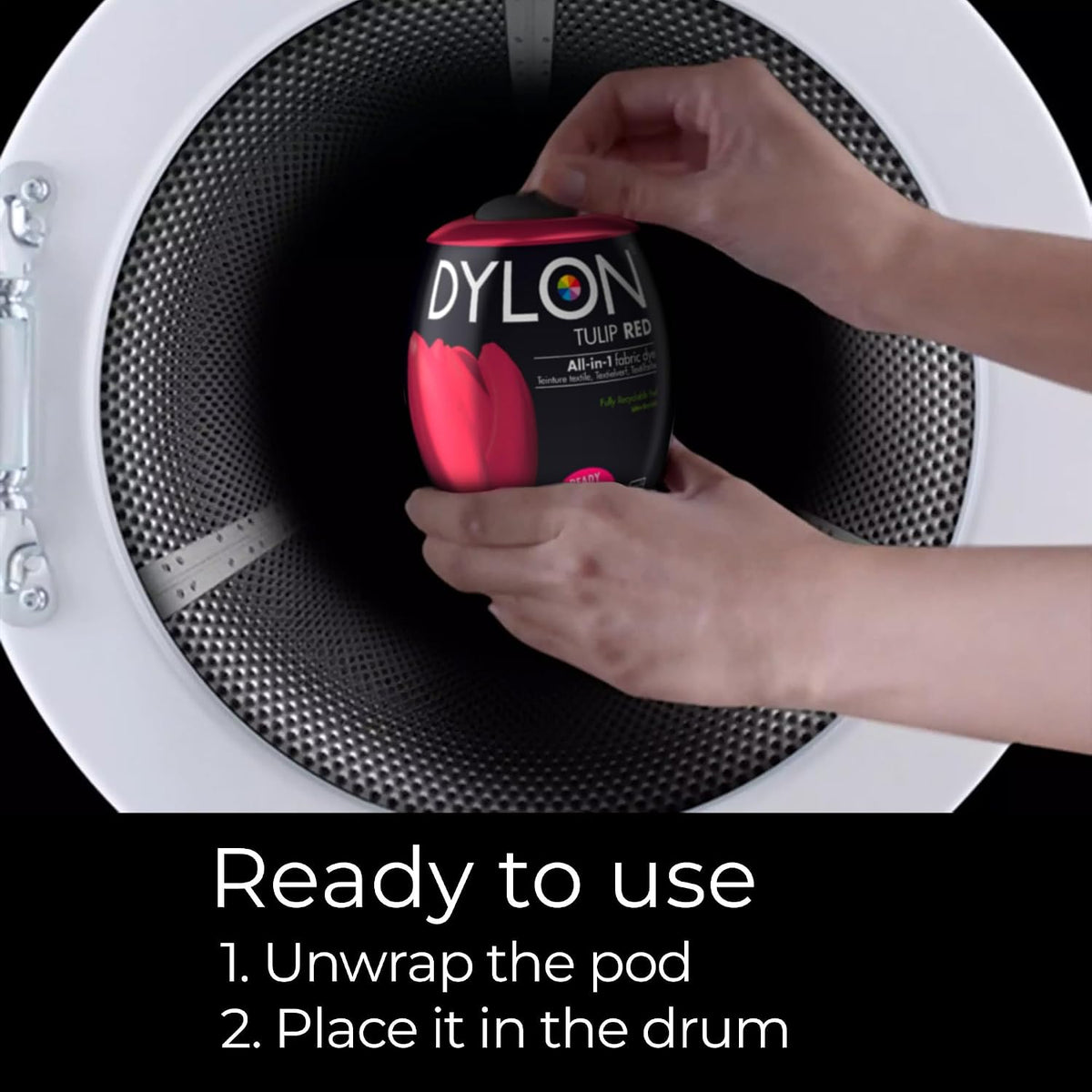 Dylon All-in-1 Washing Machine Fabric Dye Pod Tulip Red 350g usage instructions packaging