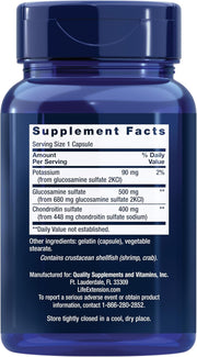 Supplement facts label for Life Extension Glucosamine Chondroitin capsules, showing dosage and ingredients.