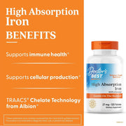 Doctor's Best High Absorption Chelated Iron, bottle packaging, unflavoured, 27mg, 120 tablets, daily dietary supplement use