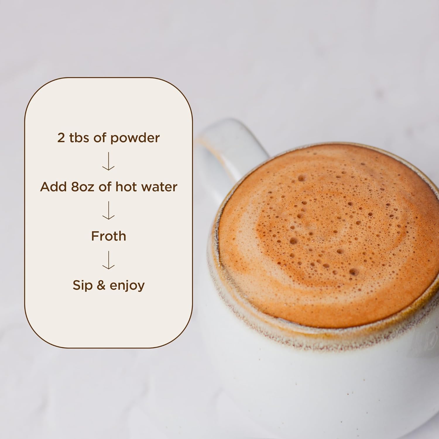 How to Use: Laird Superfood hot chocolate mixing instructions 227g on white background