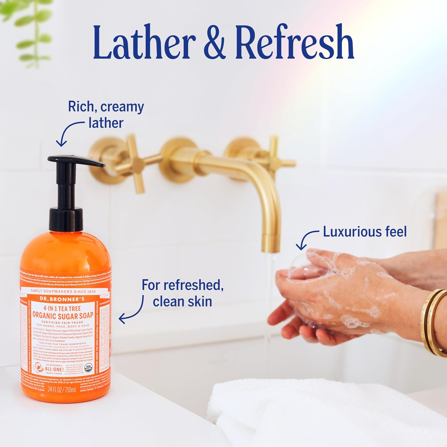 Dr. Bronner's Tea Tree 4-in-1 Organic Sugar Pump Soap 355ml pump bottle application