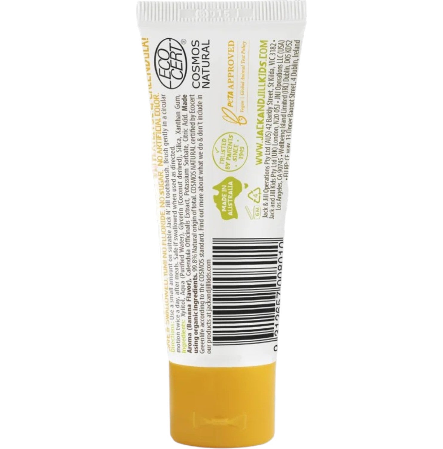 Jack N' Jill Natural Certified Toothpaste Banana, toothpaste tube packaging, banana flavour, 50g, ingredients information & barcode