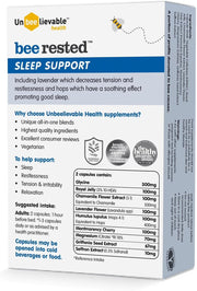 Supplement facts panel and ingredient list for Bee Rested capsules.