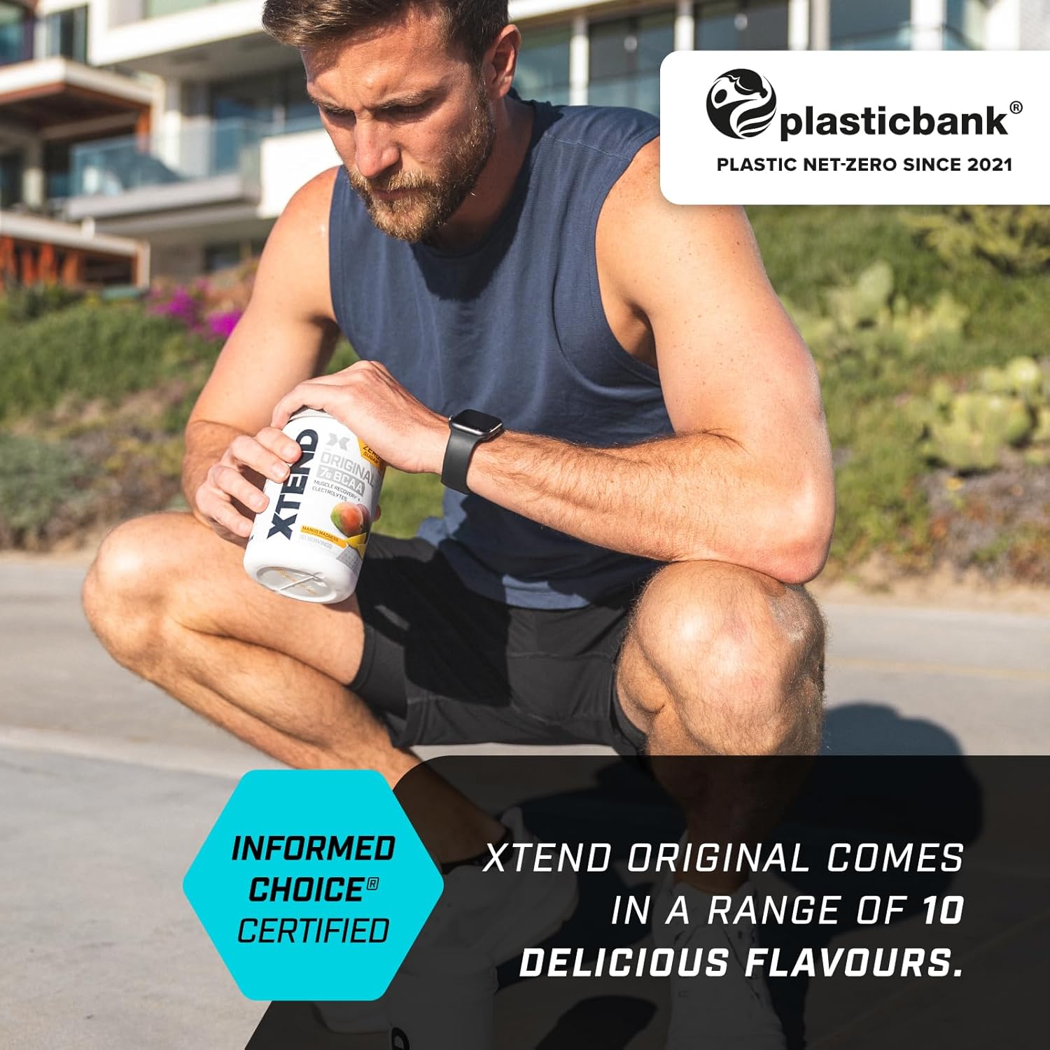 Lifestyle/use image: XTEND Original BCAA Powder Strawberry Kiwi drink prepared in shaker tub powder 441g 30 servings