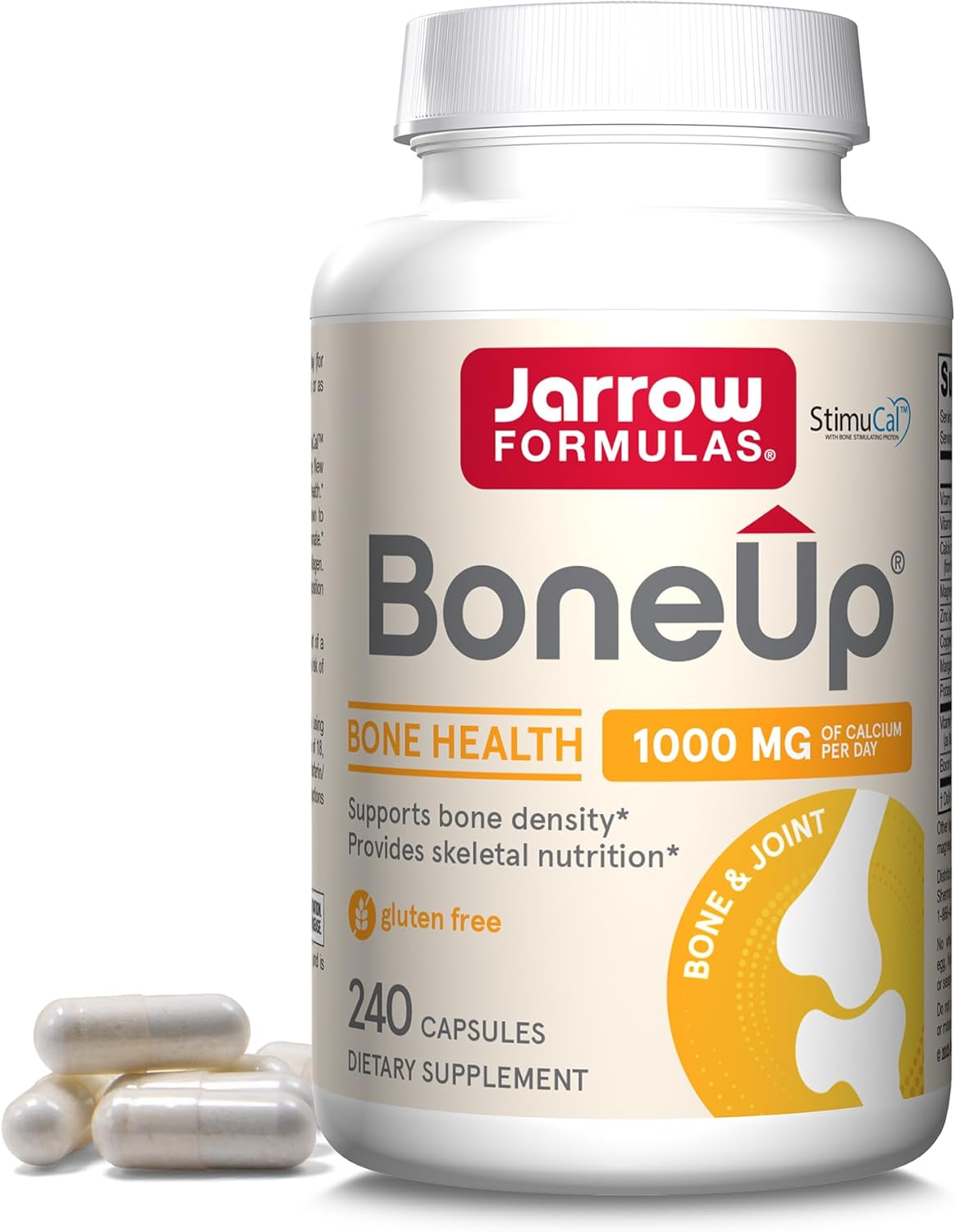 Front Image: Jarrow Formulas BoneUp calcium 1000mg D3 K2 capsules bottle front packaging 240 count