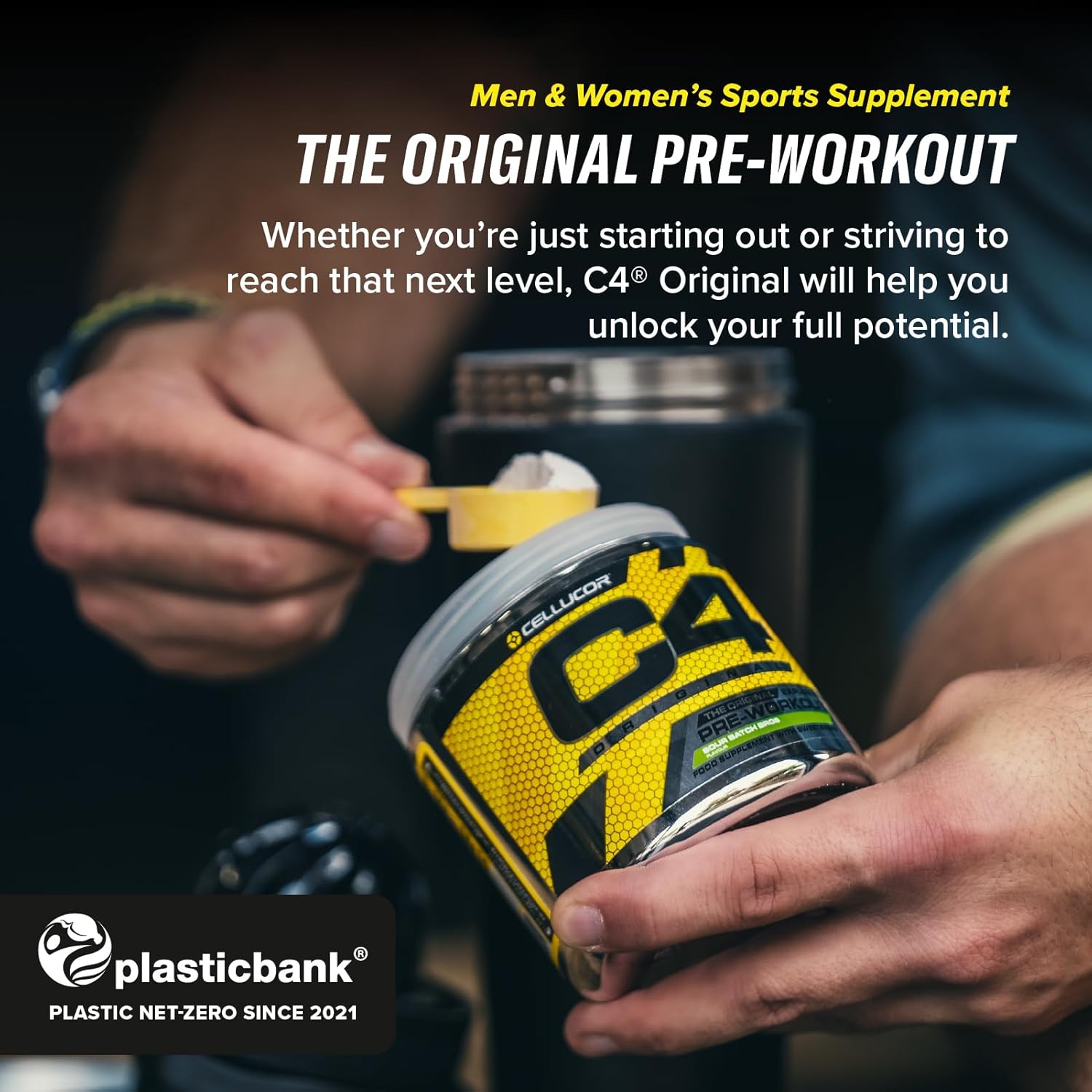 C4 Original pre-workout supplement being opened with promotional text and Plastic Bank logo.