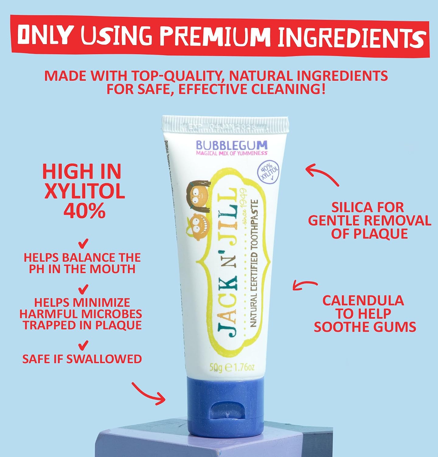 Jack N' Jill Natural Certified Toothpaste Bubblegum, toothpaste tube packaging, bubblegum flavour, 50g, ingredients information
