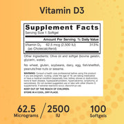 Jarrow Formulas Vitamin D3 62.5mcg 2500 IU supplement facts ingredients softgels 100 count