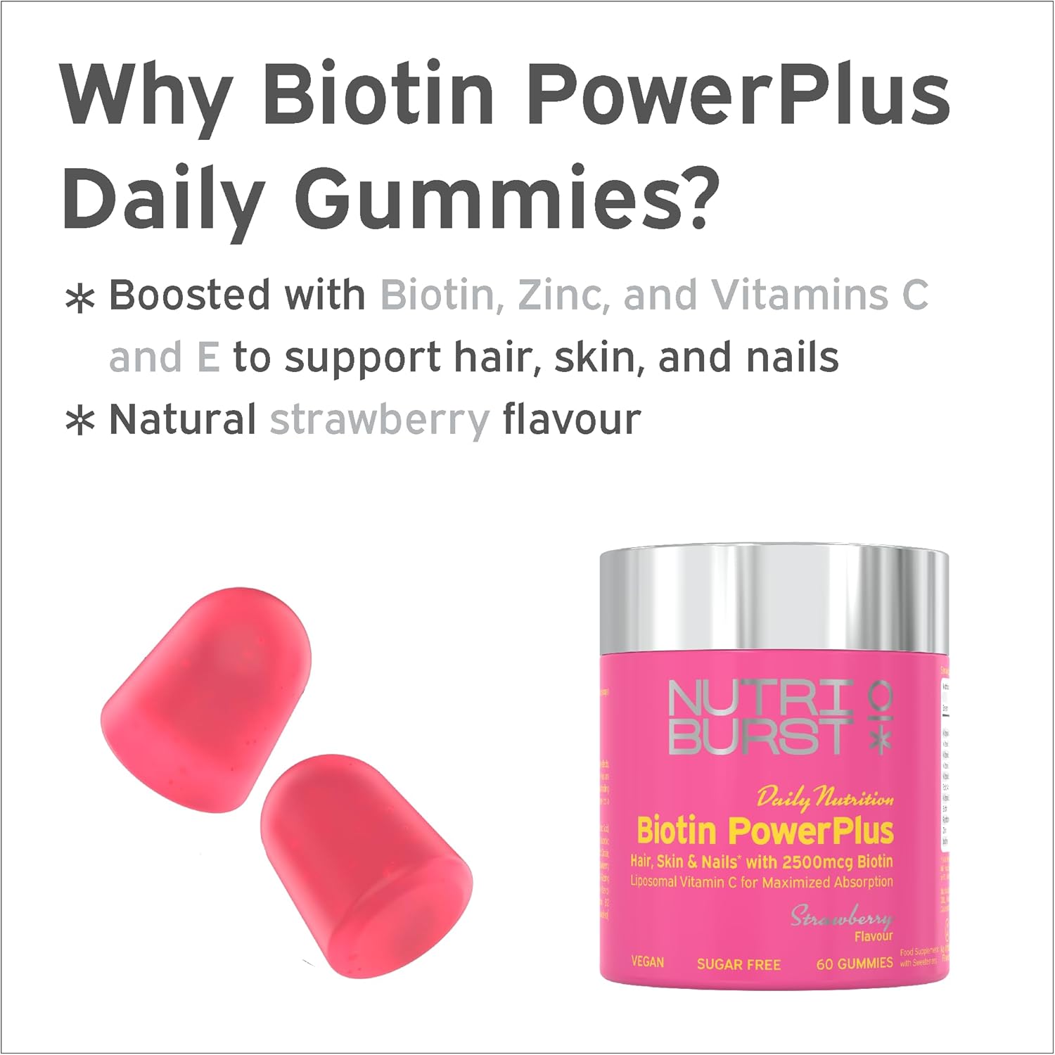 Nutriburst Biotin Power Plus 2500mcg Gummies jar, strawberry, 60 count.
