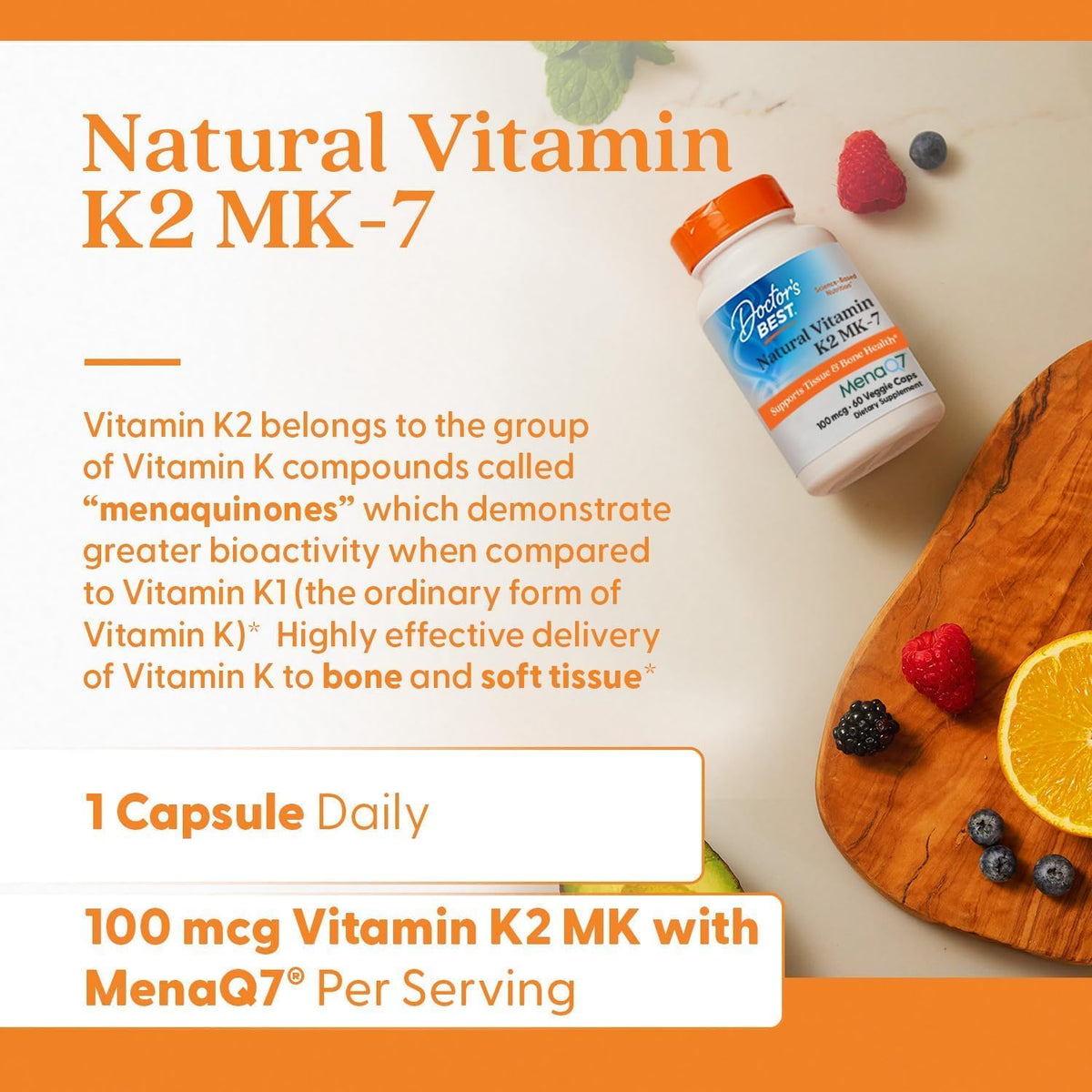 Doctor's Best Vitamina K2 Naturale MK-7 con MenaQ7, 100 mcg, 60 Capsule Vegetali
