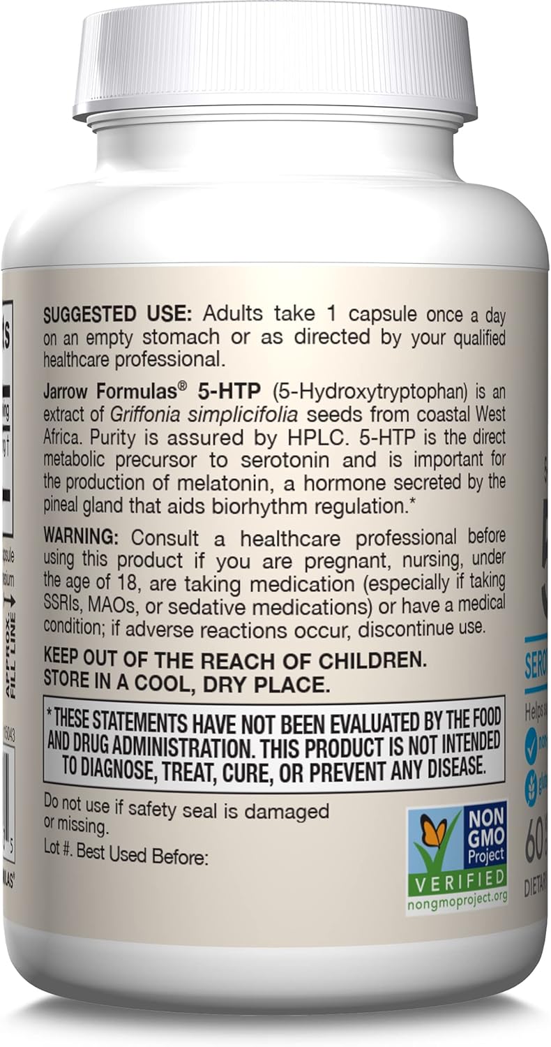 How to Use Image: Jarrow Formulas 5-HTP 100mg veggie capsules usage instructions 60 count