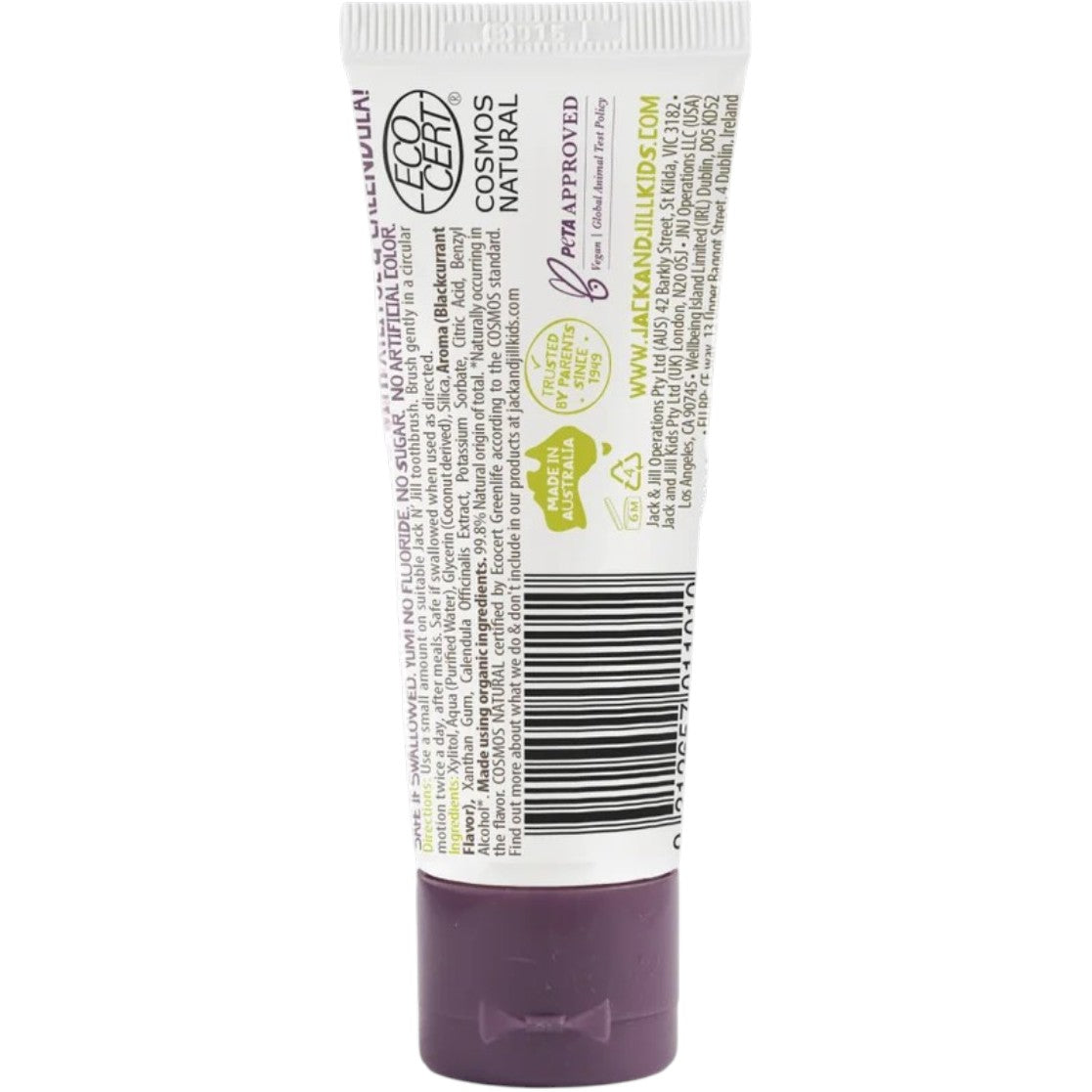 Jack N' Jill Natural Certified Toothpaste Blackcurrant, toothpaste tube packaging, blackcurrant flavour, 50g, ingredients information & barcode