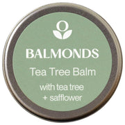 Front image: Balmonds Tea Tree Balm 15ml tin natural skin balm packaging