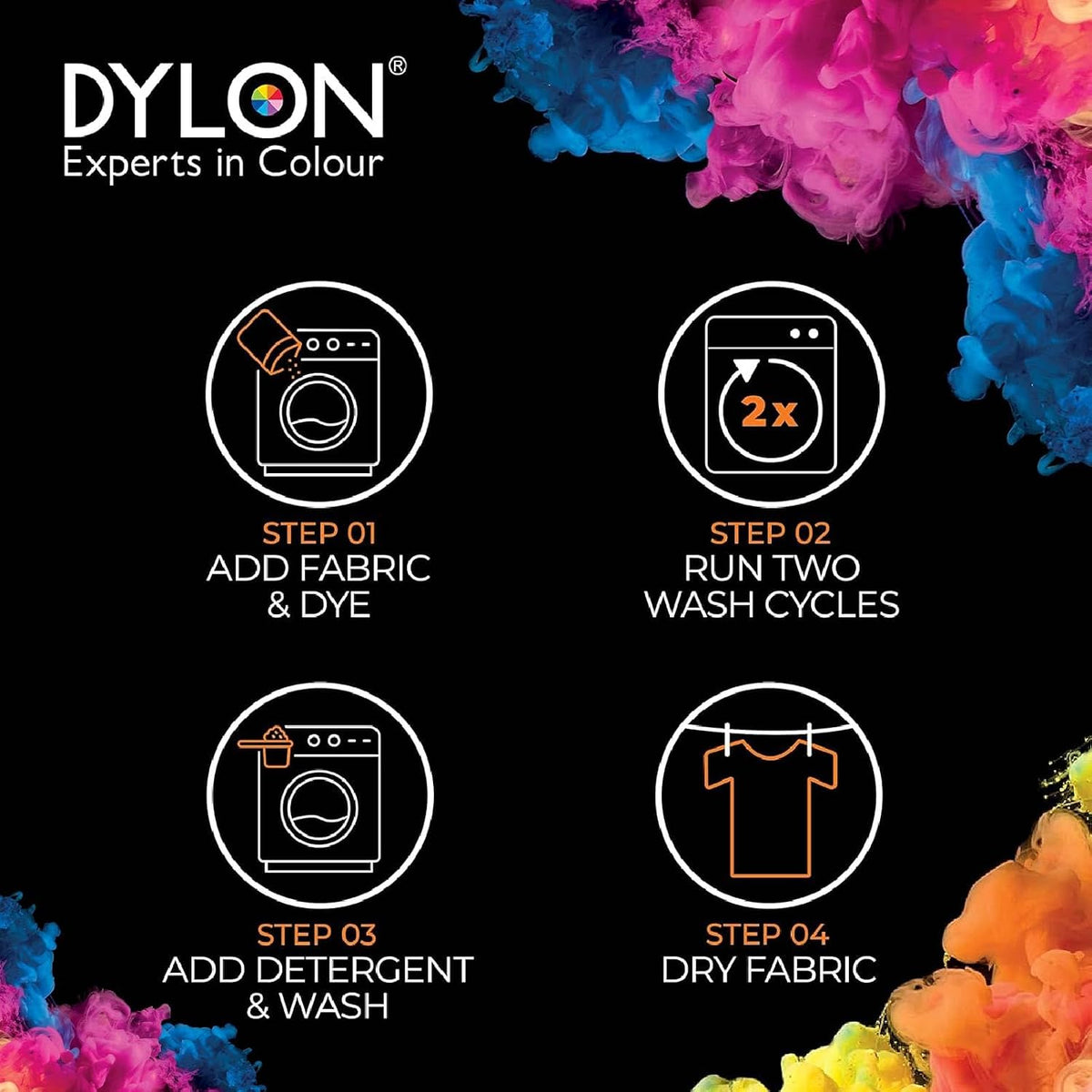 Dylon Wash & Dye Intense Black Powder Fabric Dye 350g usage instructions packaging