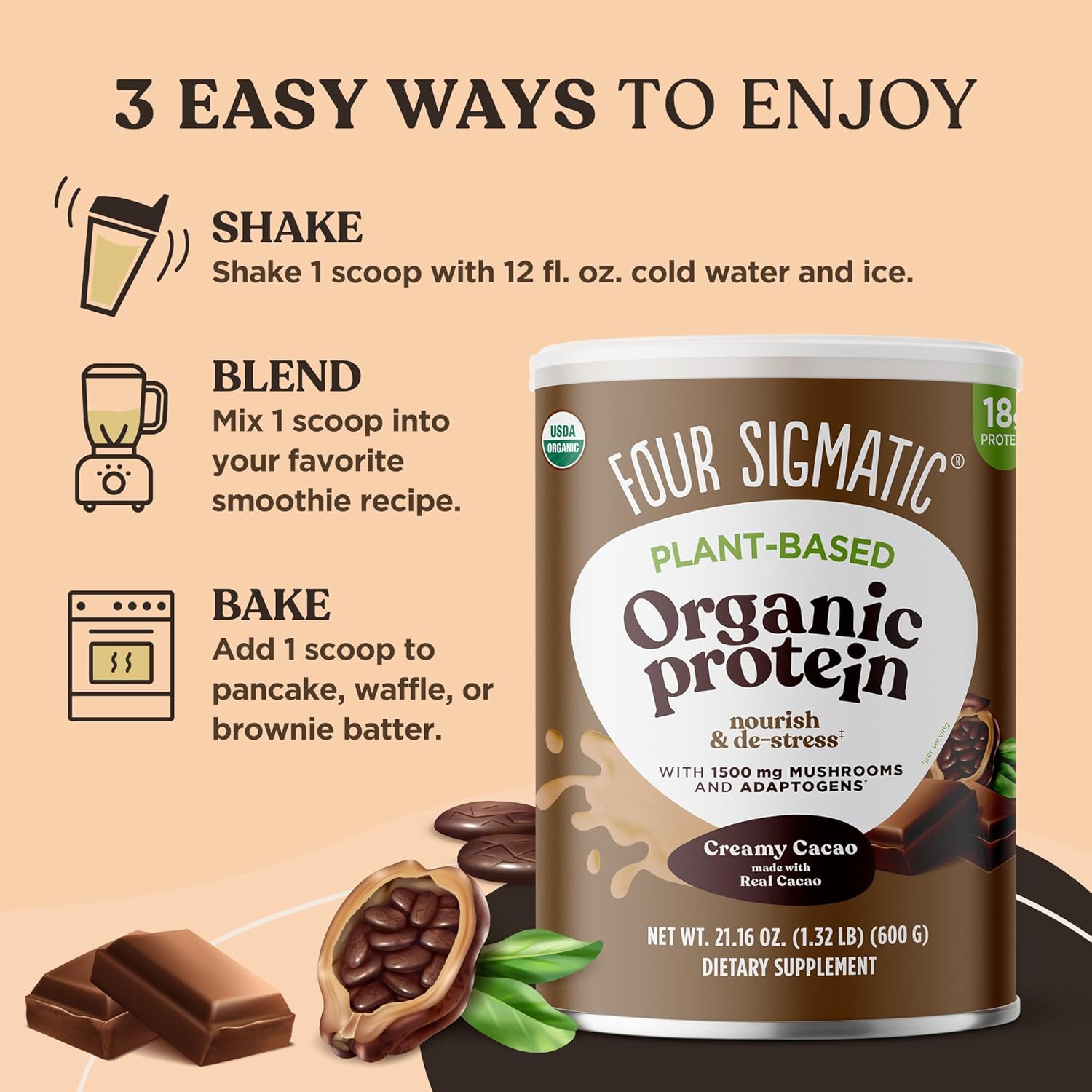 How to use
Four Sigmatic protein powder preparation and mixing instructions on white background