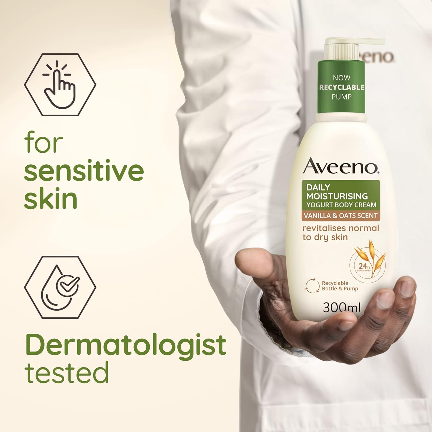 Aveeno Daily Moisturising Yogurt Body Cream 300ml pump bottle, vanilla and oat scent.