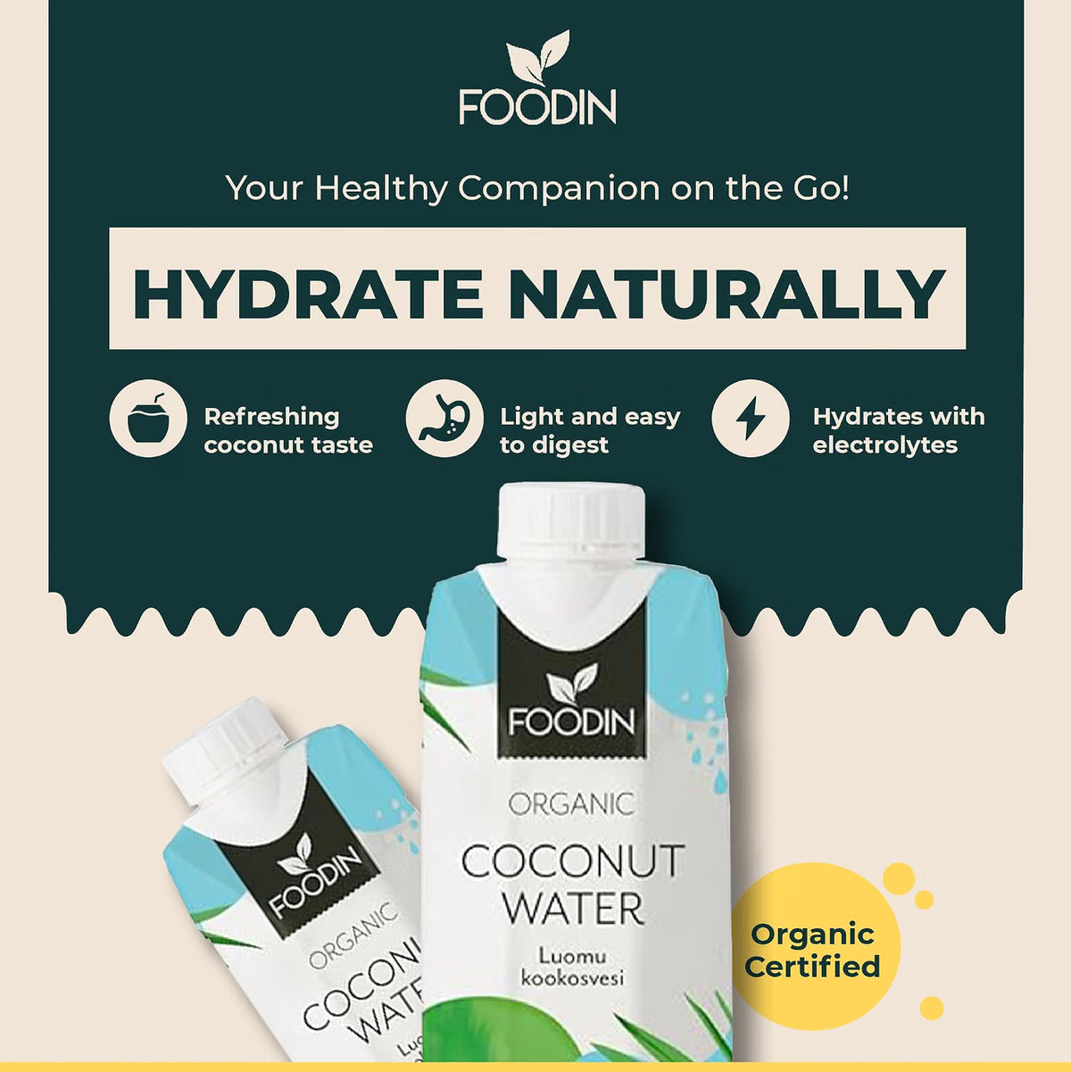 Foodin Organic Coconut Water coconut drink carton 330ml lifestyle use