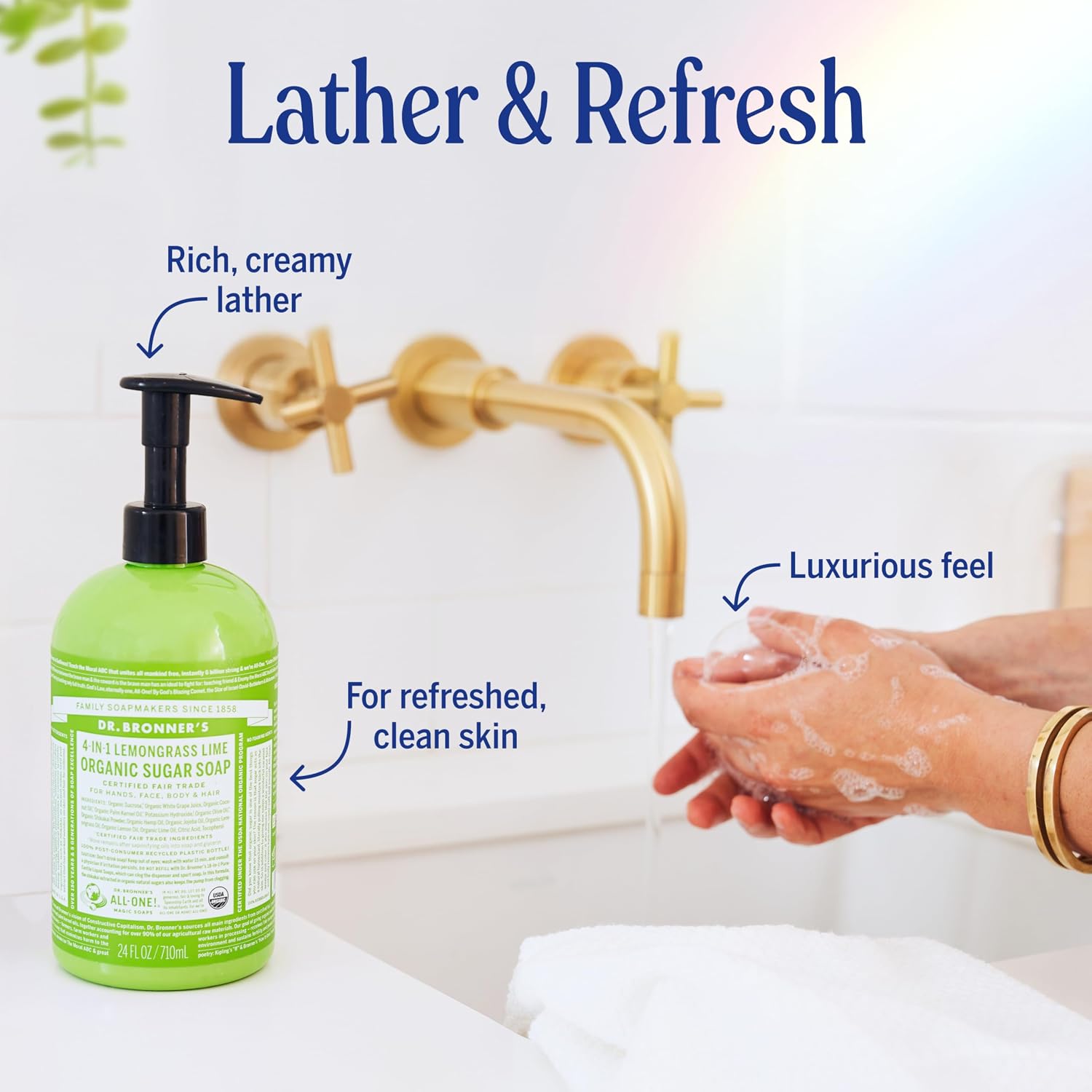 Dr. Bronner's Lemongrass Lime 4-in-1 Organic Sugar Pump Soap 355ml pump bottle application