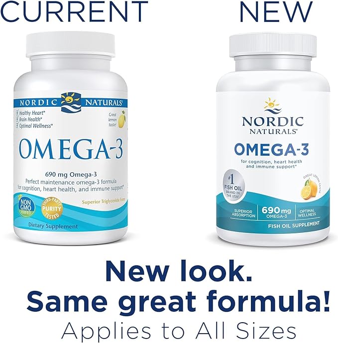 Nordic Naturals Omega-3 Lemon Flavoured Fish Oil 690mg Softgels bottle. Old & new packaging.