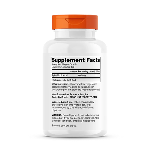 Supplement facts & ingredients image: Doctor's Best Alpha-Lipoic Acid 600mg supplement facts ingredients bottle 180 count