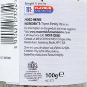 Supplement facts & ingredients image: Schwartz Dried Mixed Herbs ingredient information & barcode packaging 100g