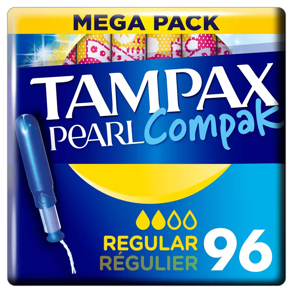 Front image: Tampax Pearl Compak regular tampons compact applicator pack 96 count