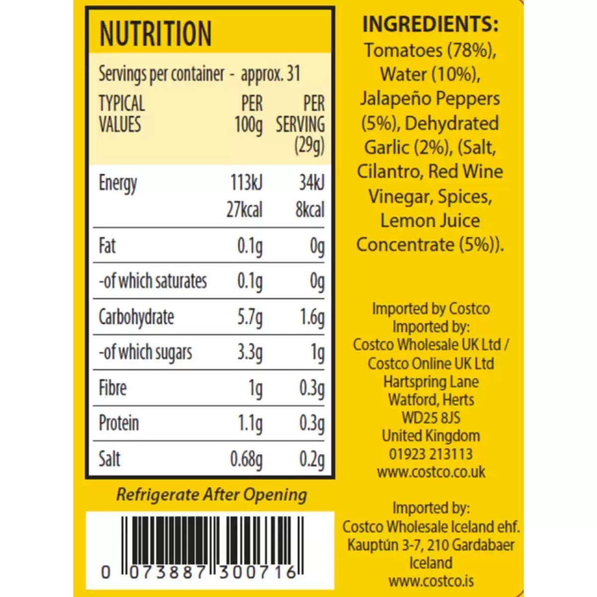Mateo's Gourmet Salsa ingredient & barcode label medium heat 907g
