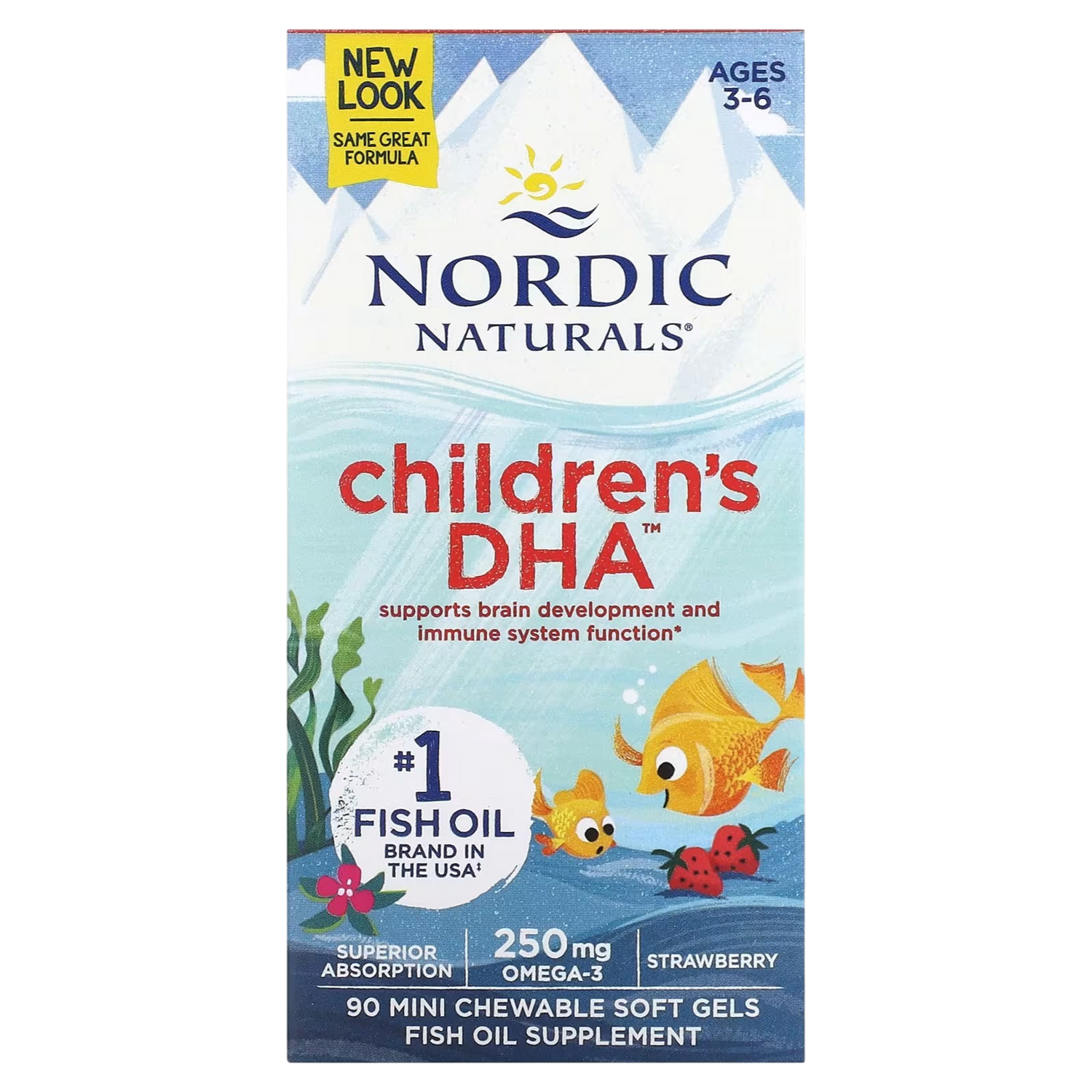 Nordic Naturals Children's DHA Strawberry Chewable 90 Soft Gels box for kids.