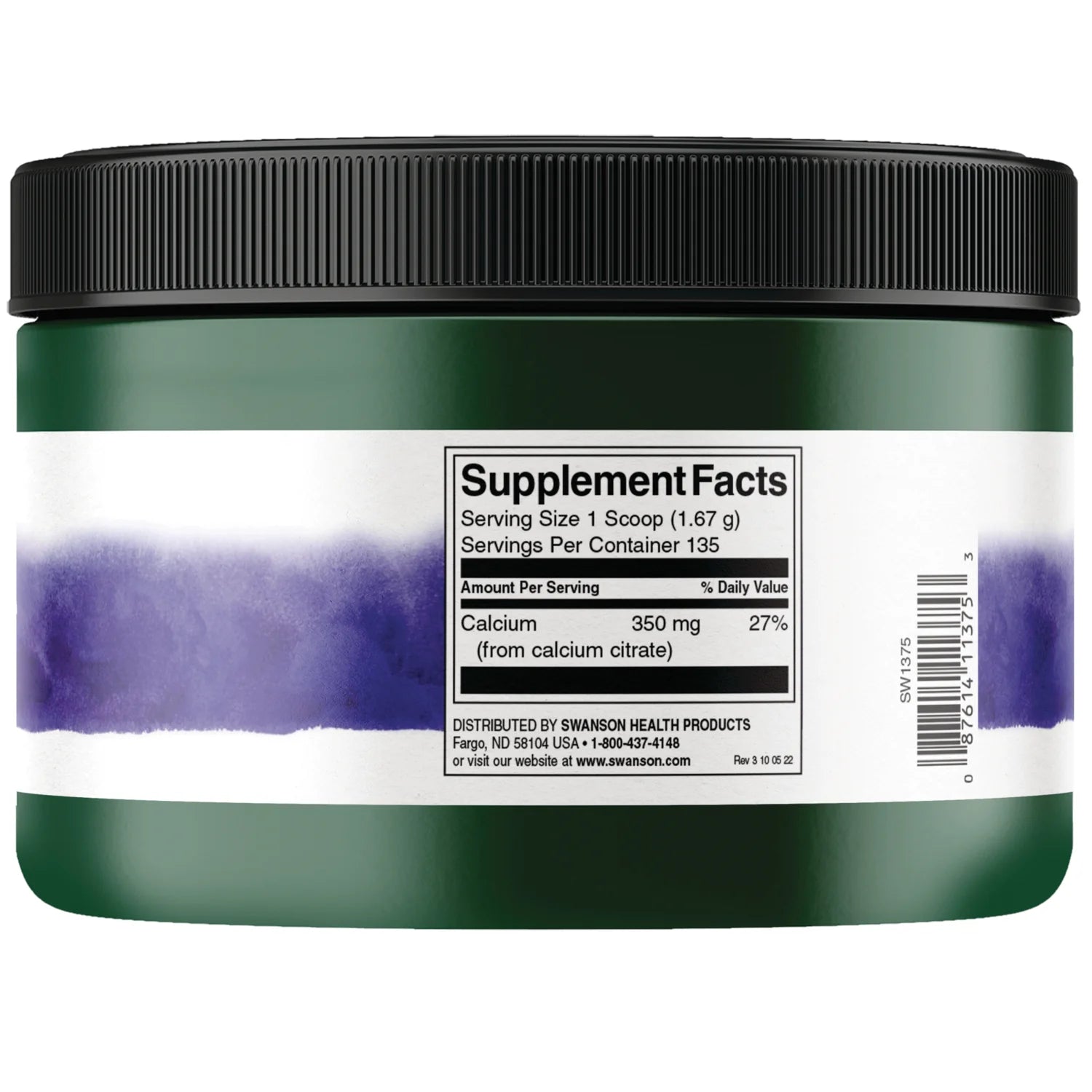 Supplement Facts & Ingredients Image
Swanson Calcium Citrate powder mineral supplement tub unflavoured dairy free 227g supplement facts ingredients & barcode panel
