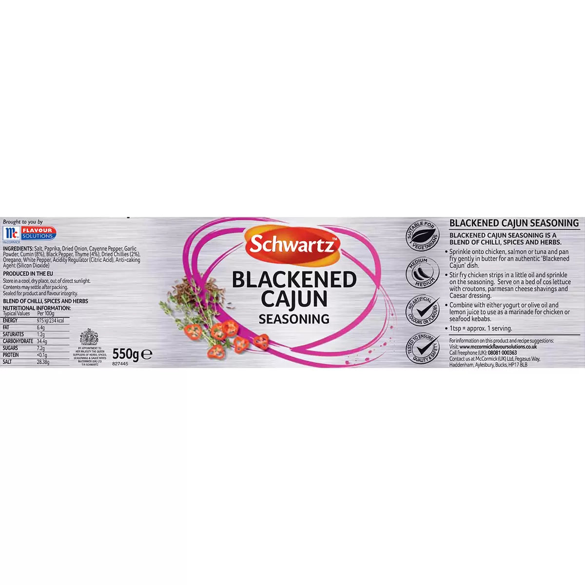 Supplement facts & ingredients image: Schwartz Blackened Cajun Seasoning ingredient information packaging 550g
