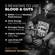 DY Nutrition Blood & Guts Watermelon Pre-Workout Powder 380g tub displayed alongside workout equipment
