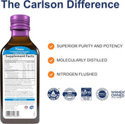 Supplement facts, ingredients & barcode image: Carlson Kids fish oil omega 3 EPA DHA supplement facts 200 ml bottle mixed berry