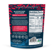 Laird Superfood sweet and creamy coffee creamer ingredients, barcode & nutrition facts label 227g on white background