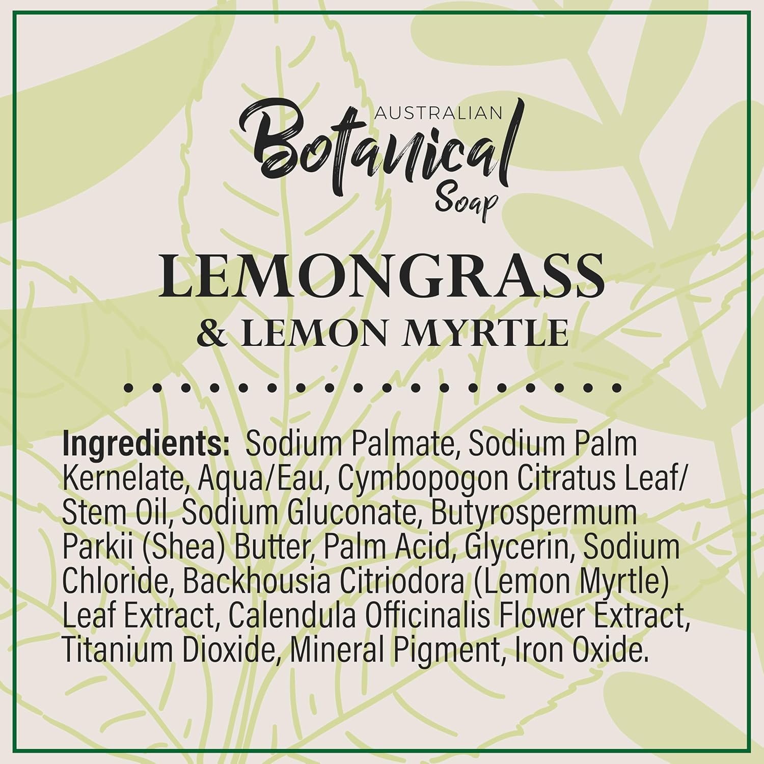 Ingredients and product details for Australian Botanical Lemongrass soap bar pack.