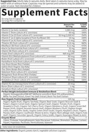 Supplement facts for Code Whole Food Multivitamin with ingredient list.