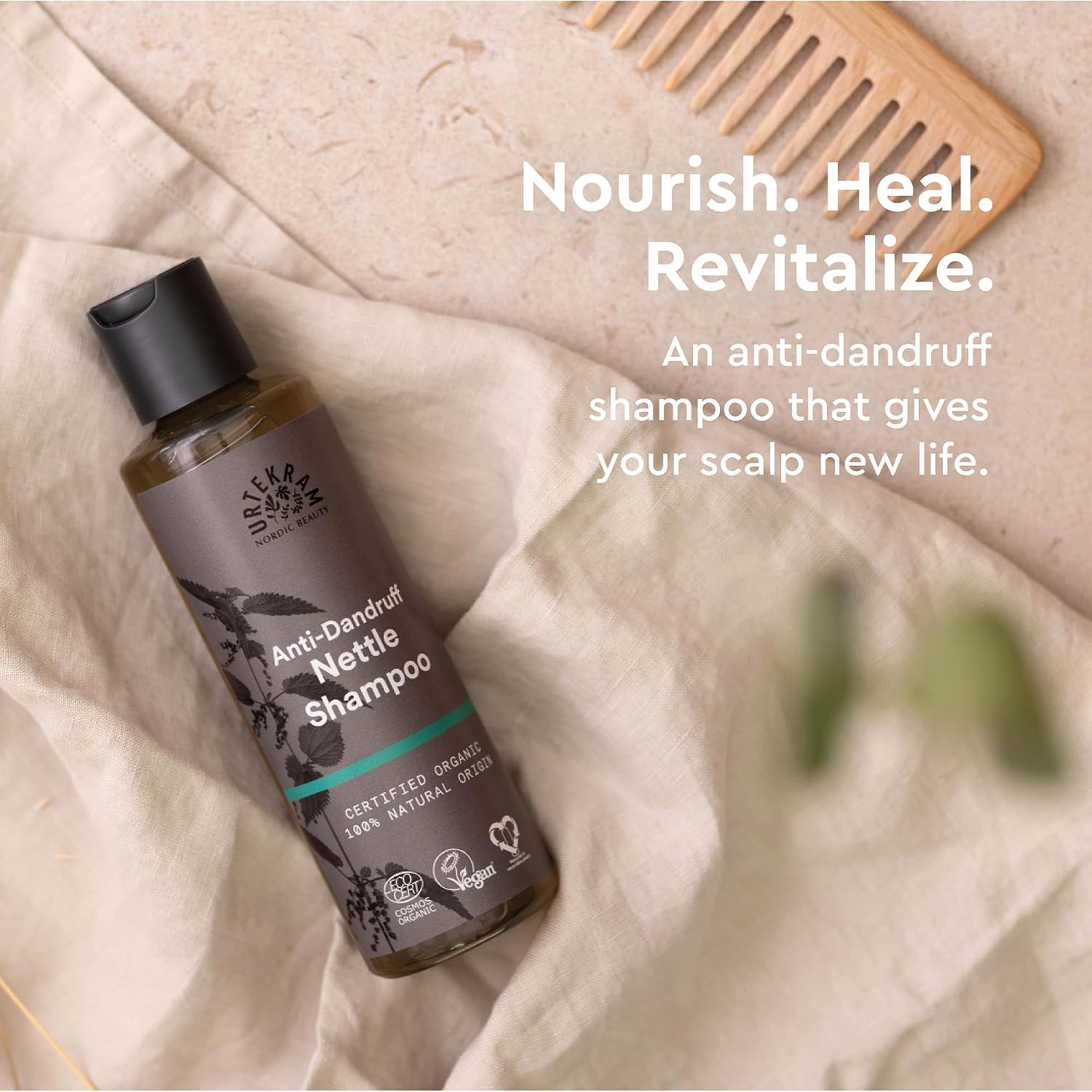 Urtekram Anti-Dandruff Nettle Shampoo bottle, no flavour, 250ml, ingredients