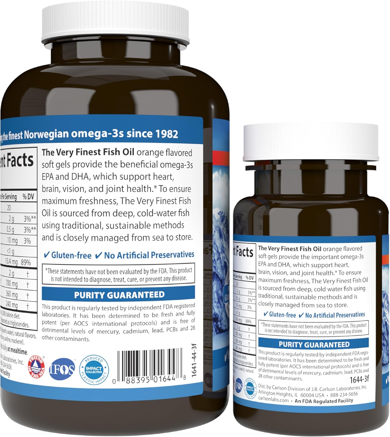 Supplement facts, ingredients & barcode image: Carlson fish oil omega 3 EPA DHA supplement facts  orange softgels 150 count