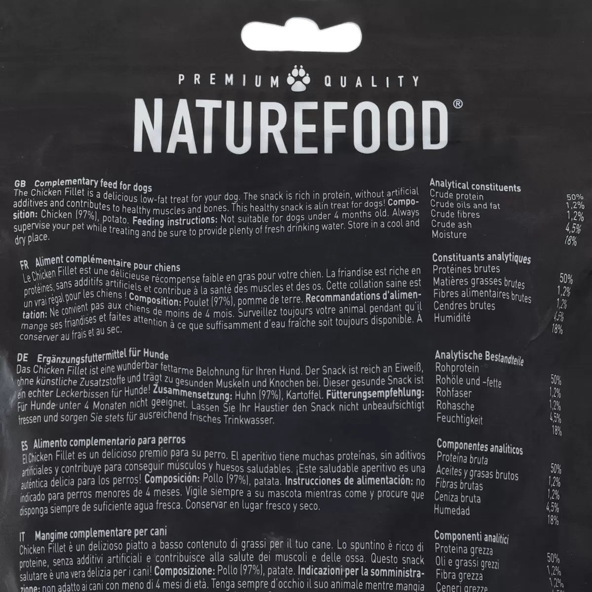Naturefood Chicken Fillets Dog Treats 97% Chicken 1kg bag ingredients