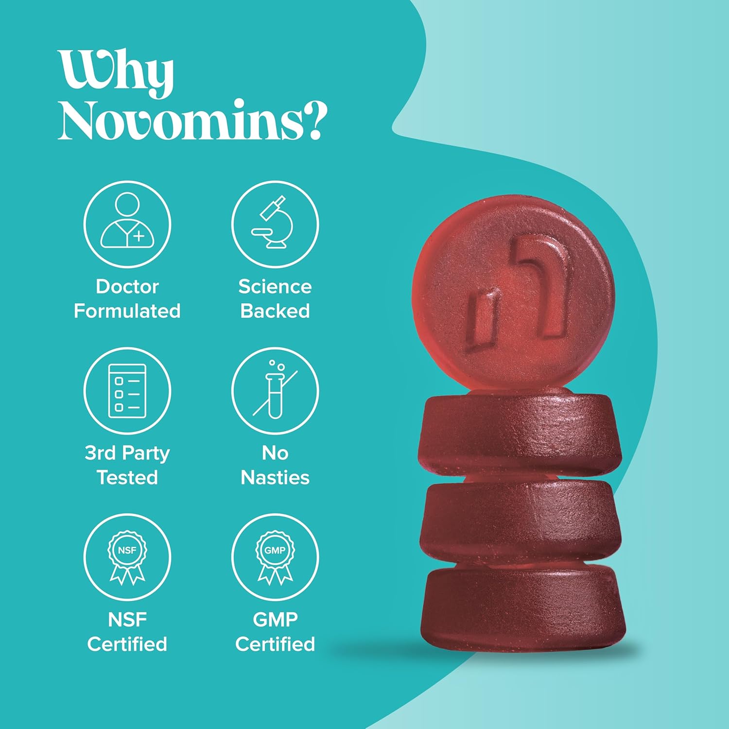 Novomins Focus Gummies Strawberry 60 Count vegan gummies supplement close up