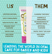 Jack N' Jill Natural Certified Toothpaste Berries & Cream, toothpaste tube packaging, berries and cream flavour, 50g, children's oral care use