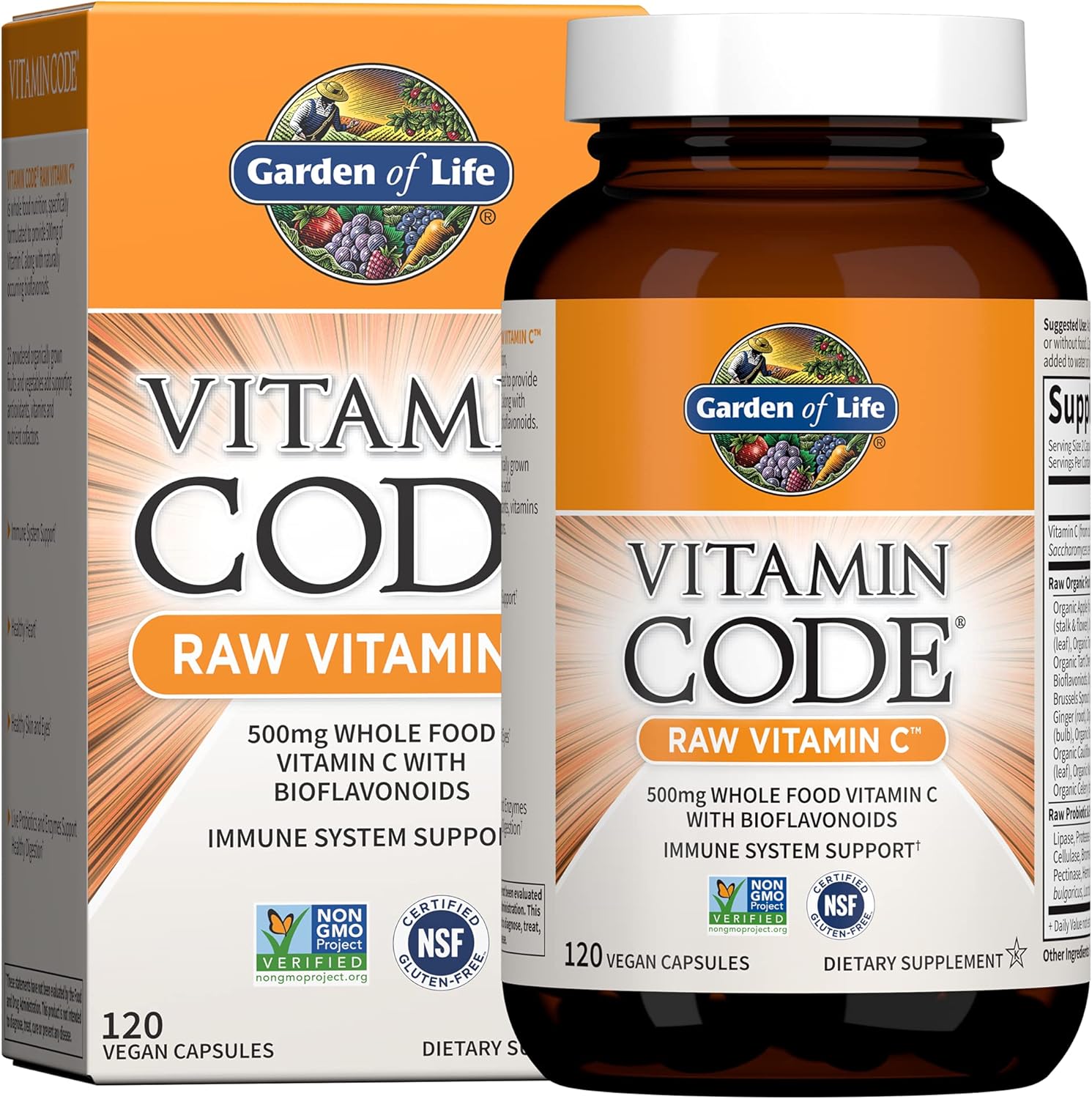 Garden of Life Vitamin Code Raw Vitamin C bottle & box, 500mg whole food 120 capsules, vegan supplement.