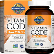 Garden of Life Vitamin Code Raw Vitamin C bottle & box, 500mg whole food 120 capsules, vegan supplement.
