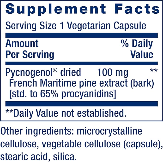 Life Extension Pine Bark Extract supplement facts and ingredients list.