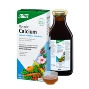 Floradix Calcium Liquid Supplement bottle & box, 250ml, vegan.