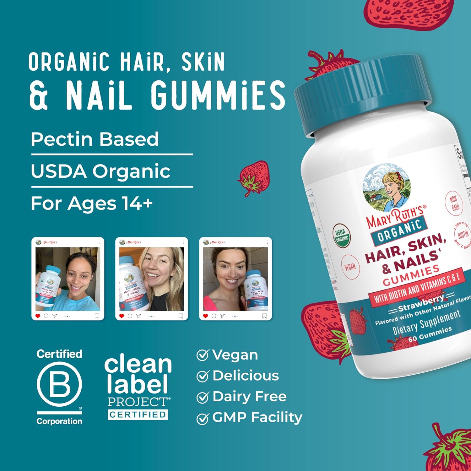 MaryRuth’s Hair Skin Nails vegan gummies chewable serving strawberry flavour 60 gummies quantity