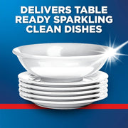 Finish Rinse & Shine Aid Dishwasher Rinse Aid 800ml bottle displayed beside clean dishes and glassware