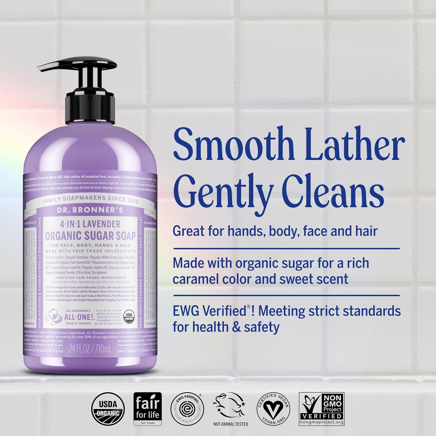 Dr. Bronner's Lavender 4-in-1 Organic Sugar Pump Soap 355ml pump bottle for hands face body and hair