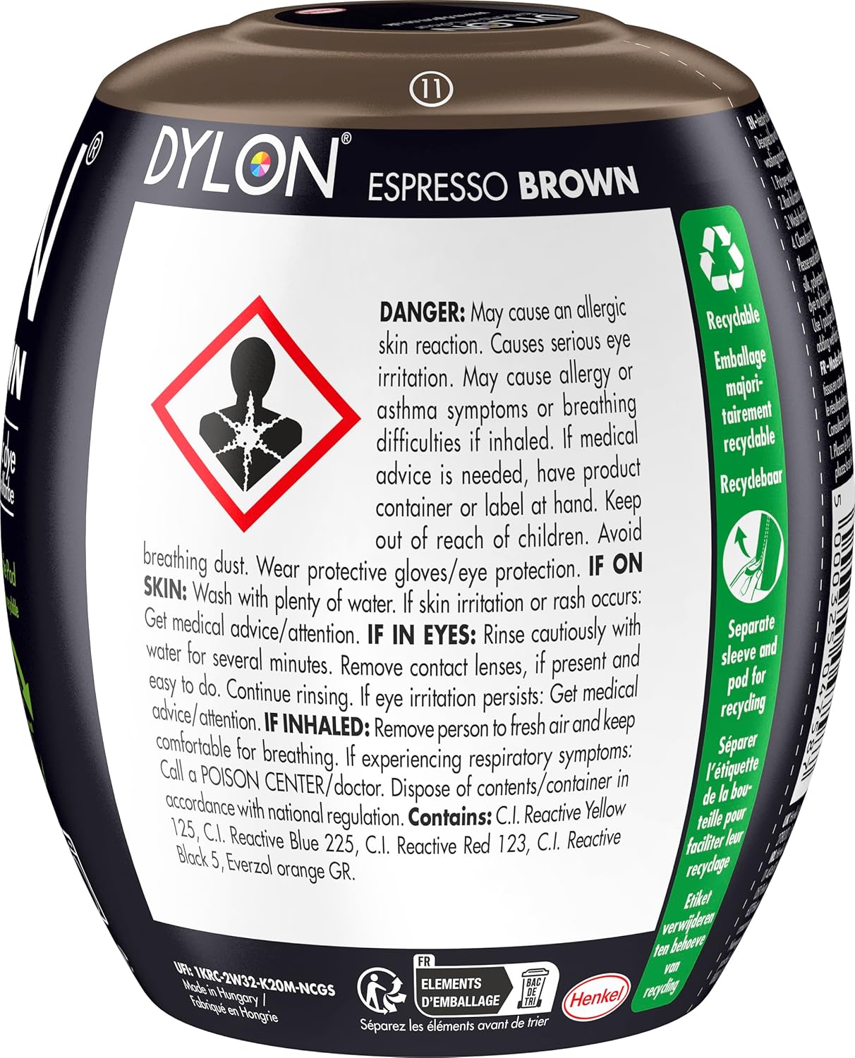 Dylon All-in-1 Fabric Dye Pod Espresso Brown 350g ingredient and safety information panel