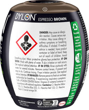 Dylon All-in-1 Fabric Dye Pod Espresso Brown 350g ingredient and safety information panel