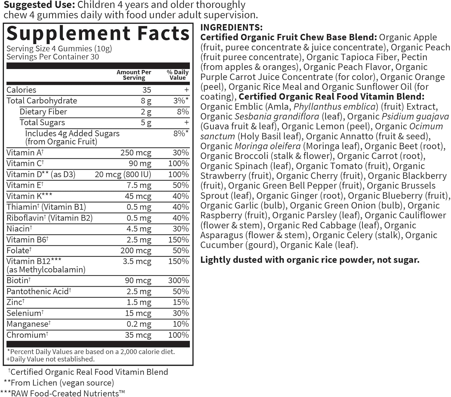 Supplement facts and ingredients for Kids Organic Multivitamin Gummies.